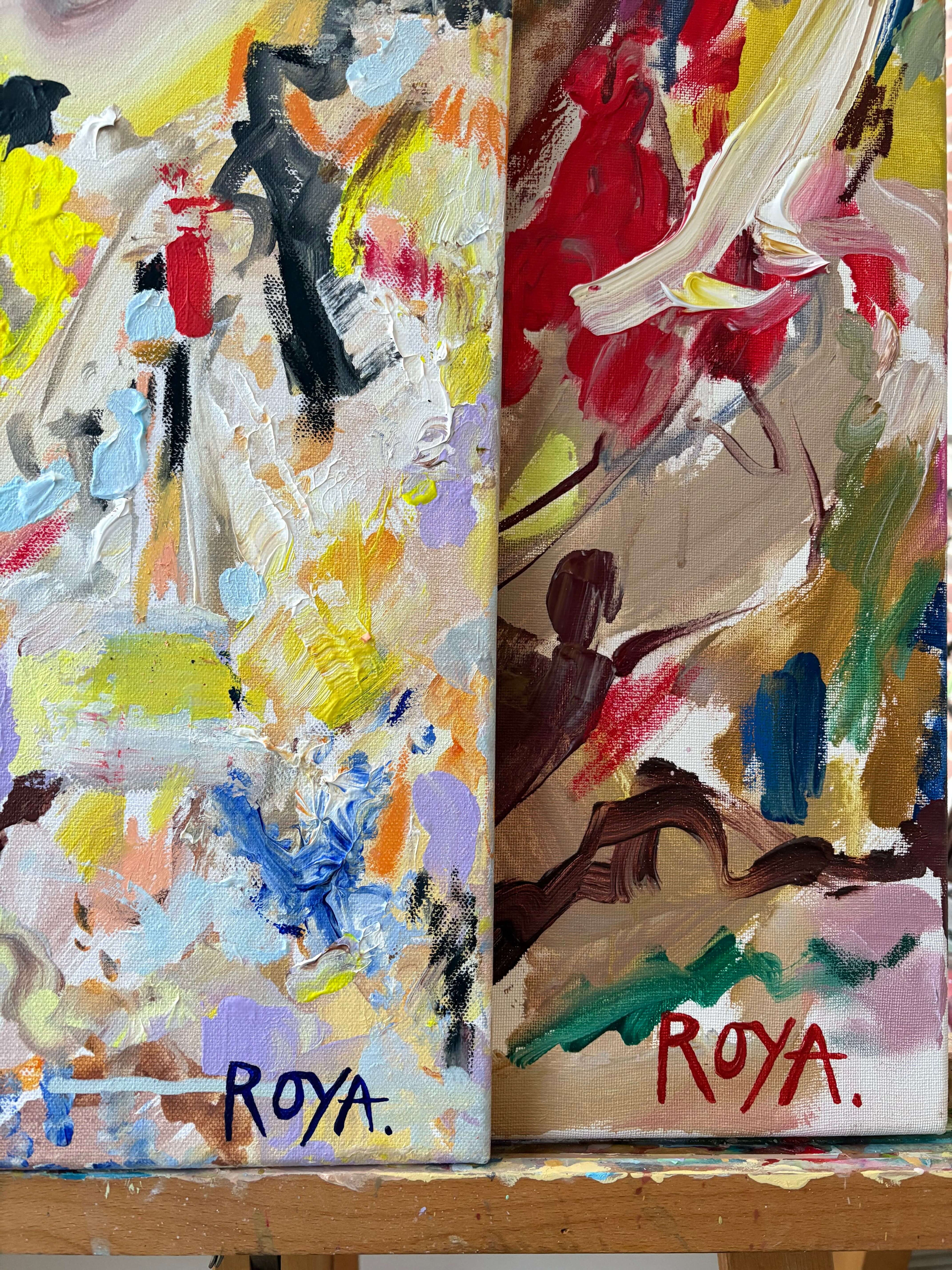 Abstract painting with visible signature 'ROYA' on a wooden surface